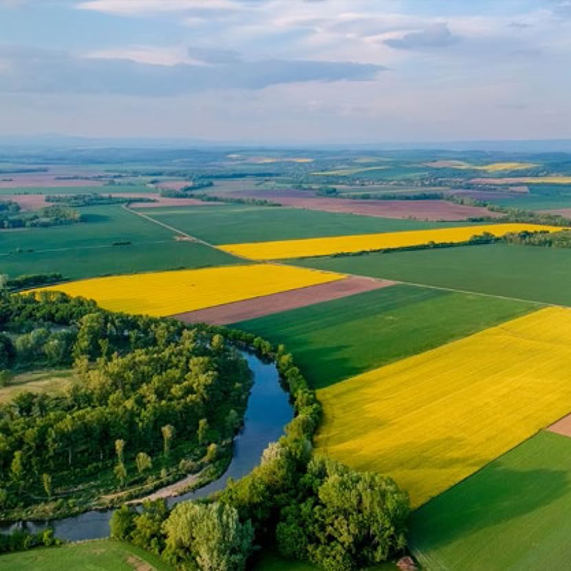 Aerial view of a waterway curving through farmland | Crescero Natural Capital